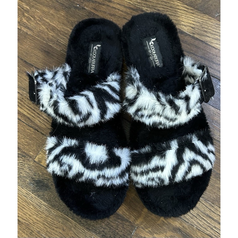 Kookaburra Women's Zebra Fluffy Slipper Shoes Black And White‎ Size 8